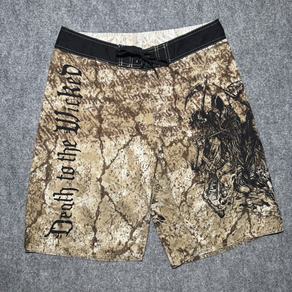 Apprime Appreme Board Shorts Tan Death to the Wicked Horsemen Gun Graphic Medium